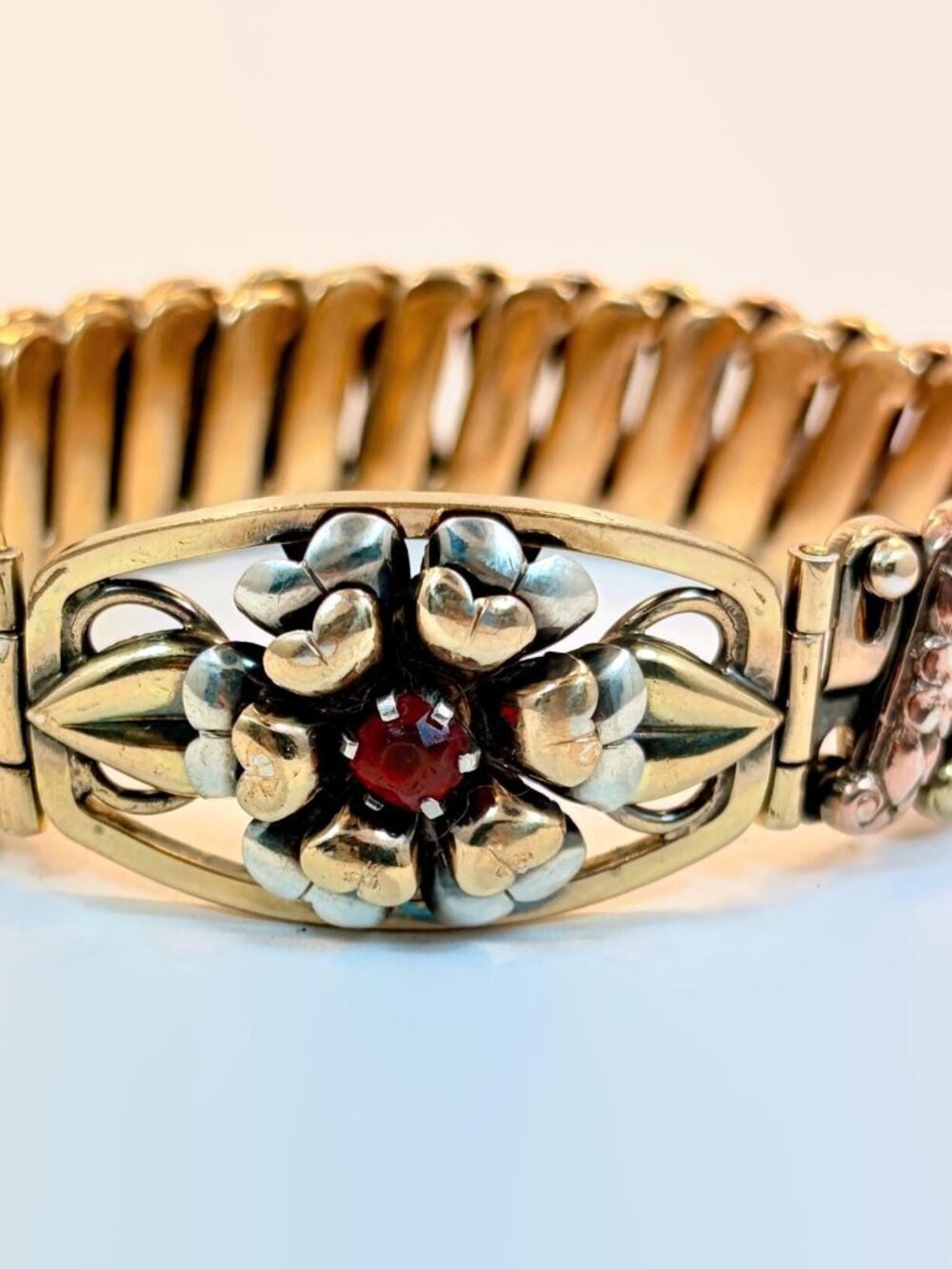 Sweetheart Bracelet, Expansion, GF, Sterling, Lustern Flower Vintage Rhinestone